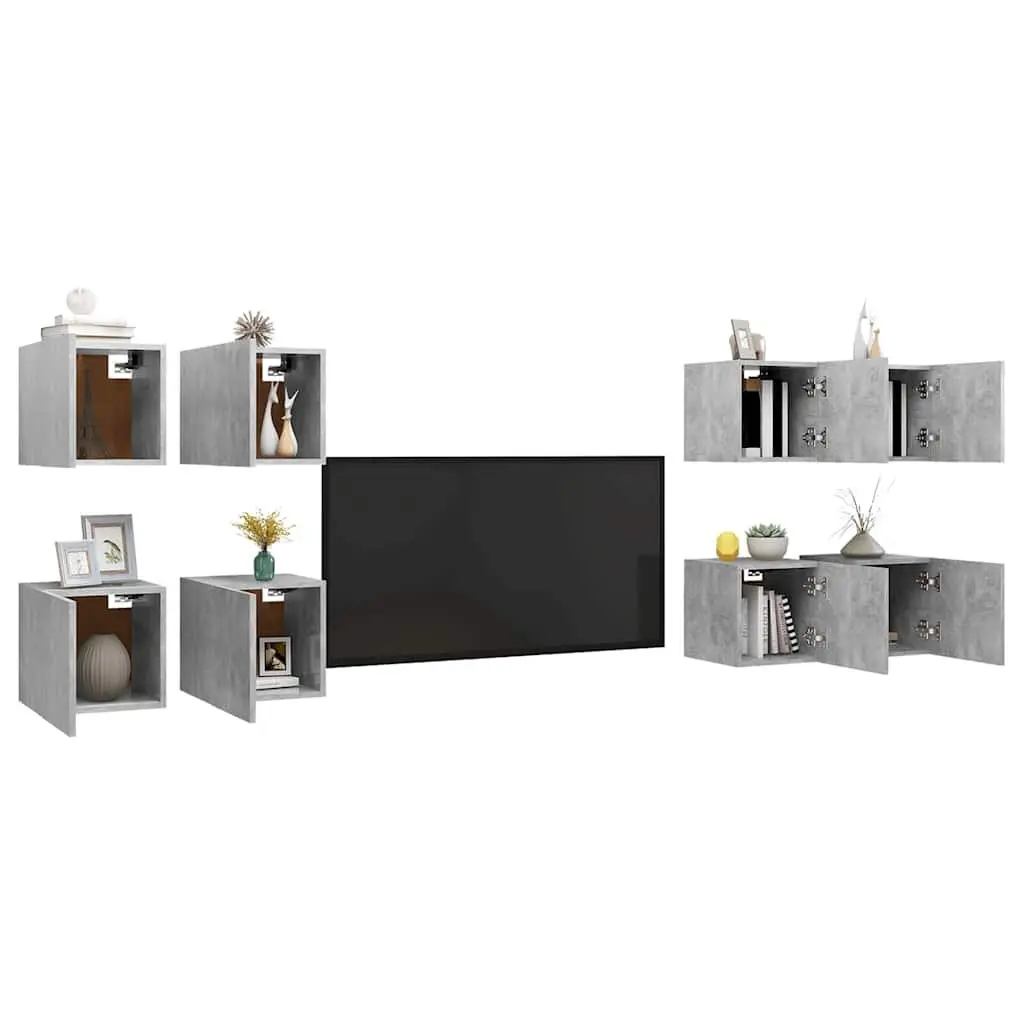 8PieceSetWallMountedCabinetUnitConcreteGreyStorageCompartmentTVStandModernDesign