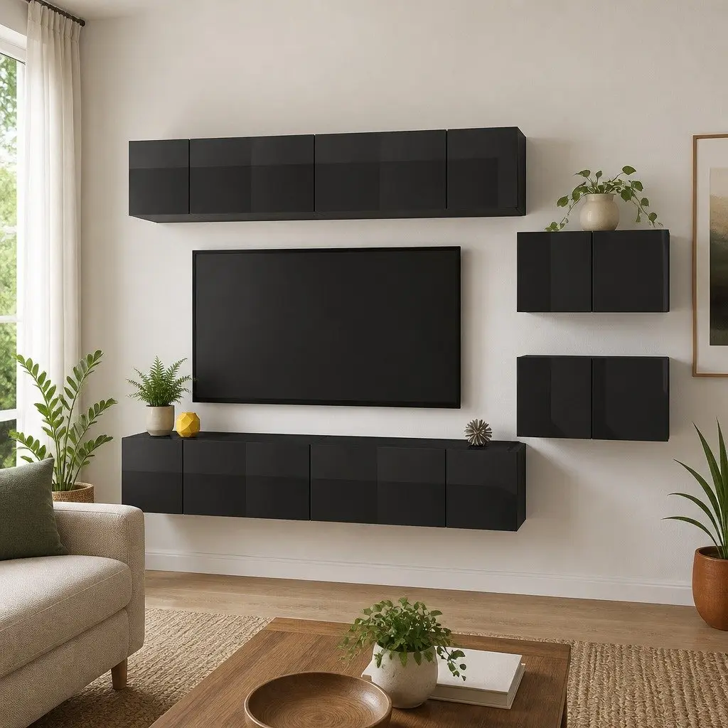 TV Cabinet Set Engineered Wood 8 Piece Wall Mounted Grey Storage Unit