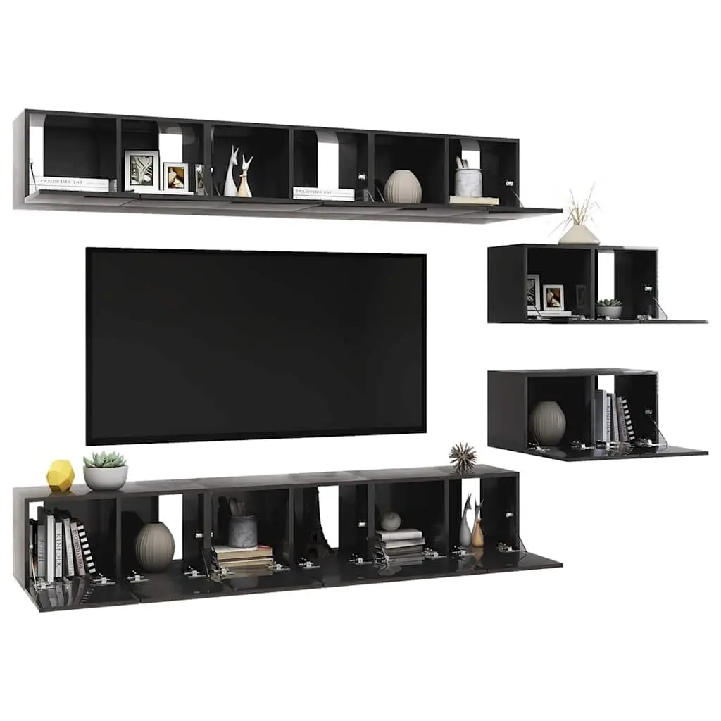 TV Cabinet Set Engineered Wood 8 Piece Wall Mounted Grey Storage Unit