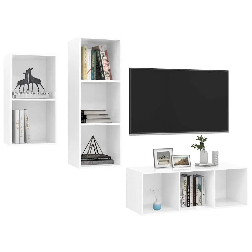 High Gloss White 3 Piece Wall Mounted TV Cabinet Set