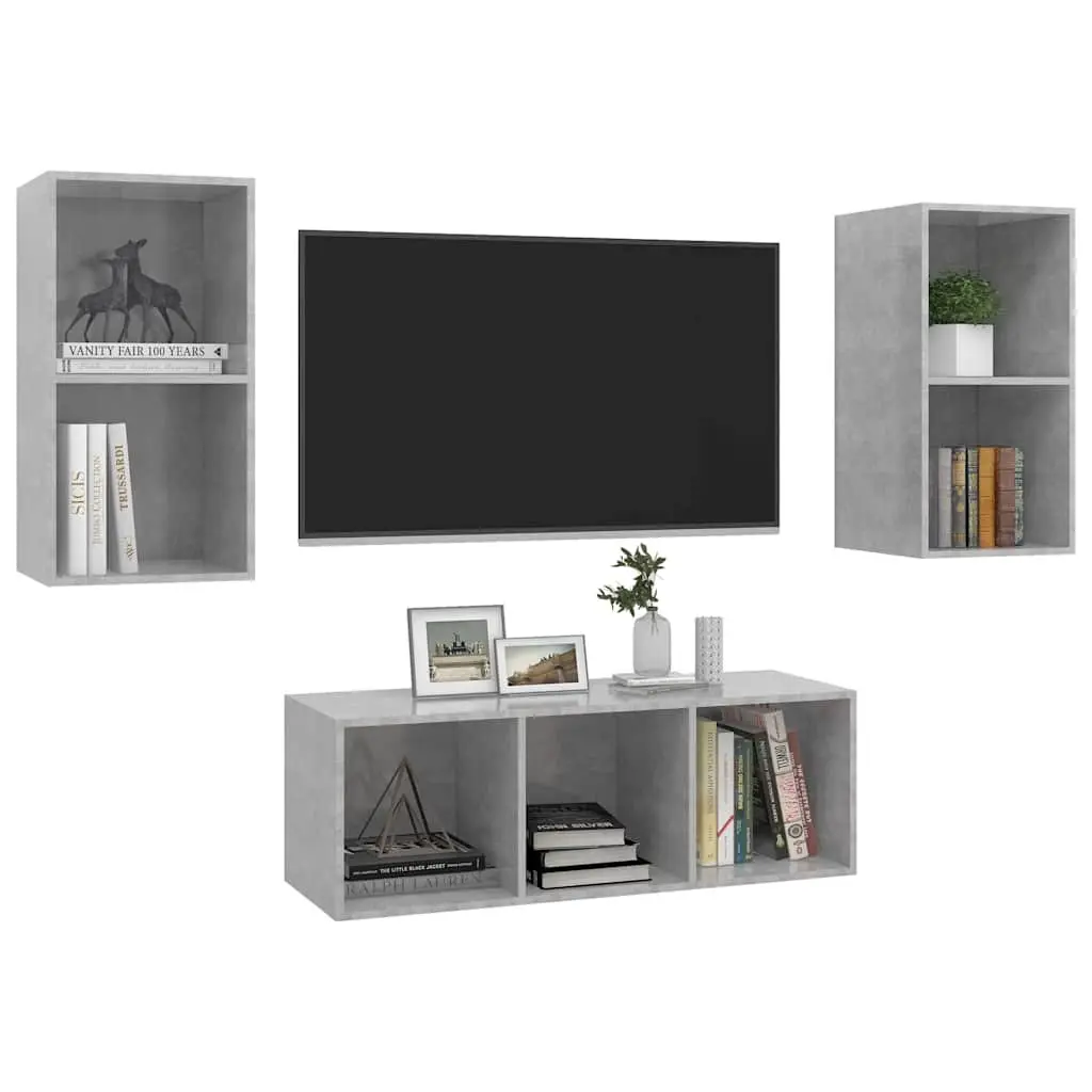 Grey Engineered Wood Wall-Mounted 3-Piece TV Cabinet Set