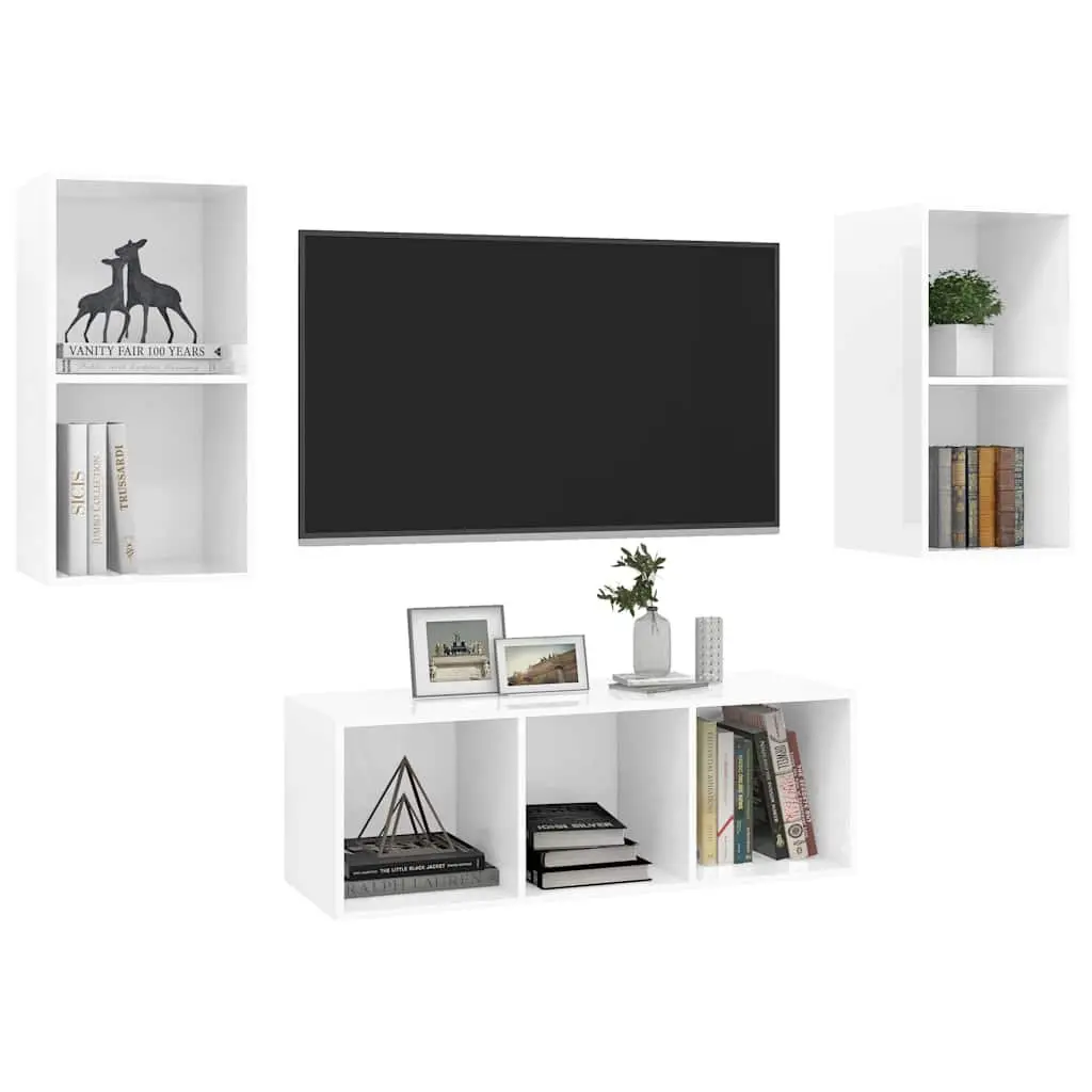 High Gloss White 3-Piece Wall Mounted TV Cabinet Set