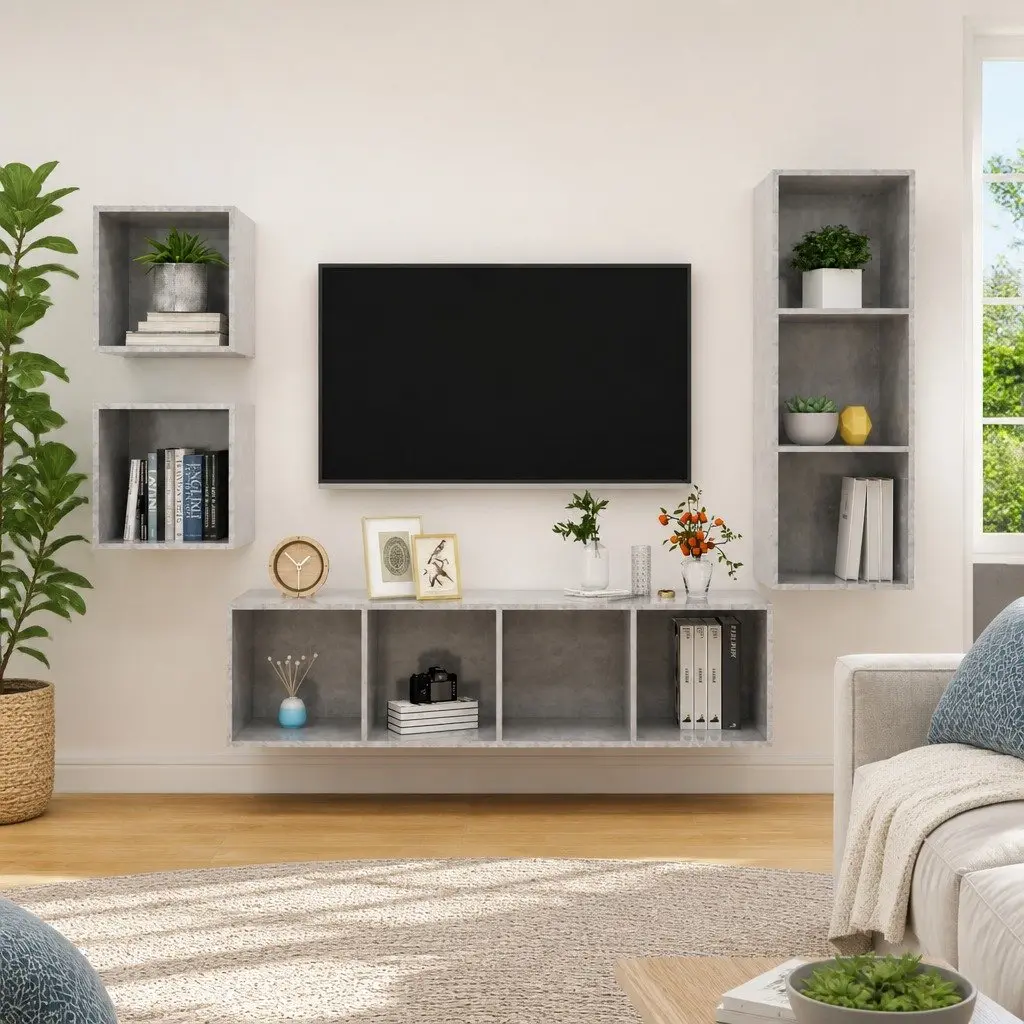 Grey Wall Mounted 4 Piece TV Cabinet Set