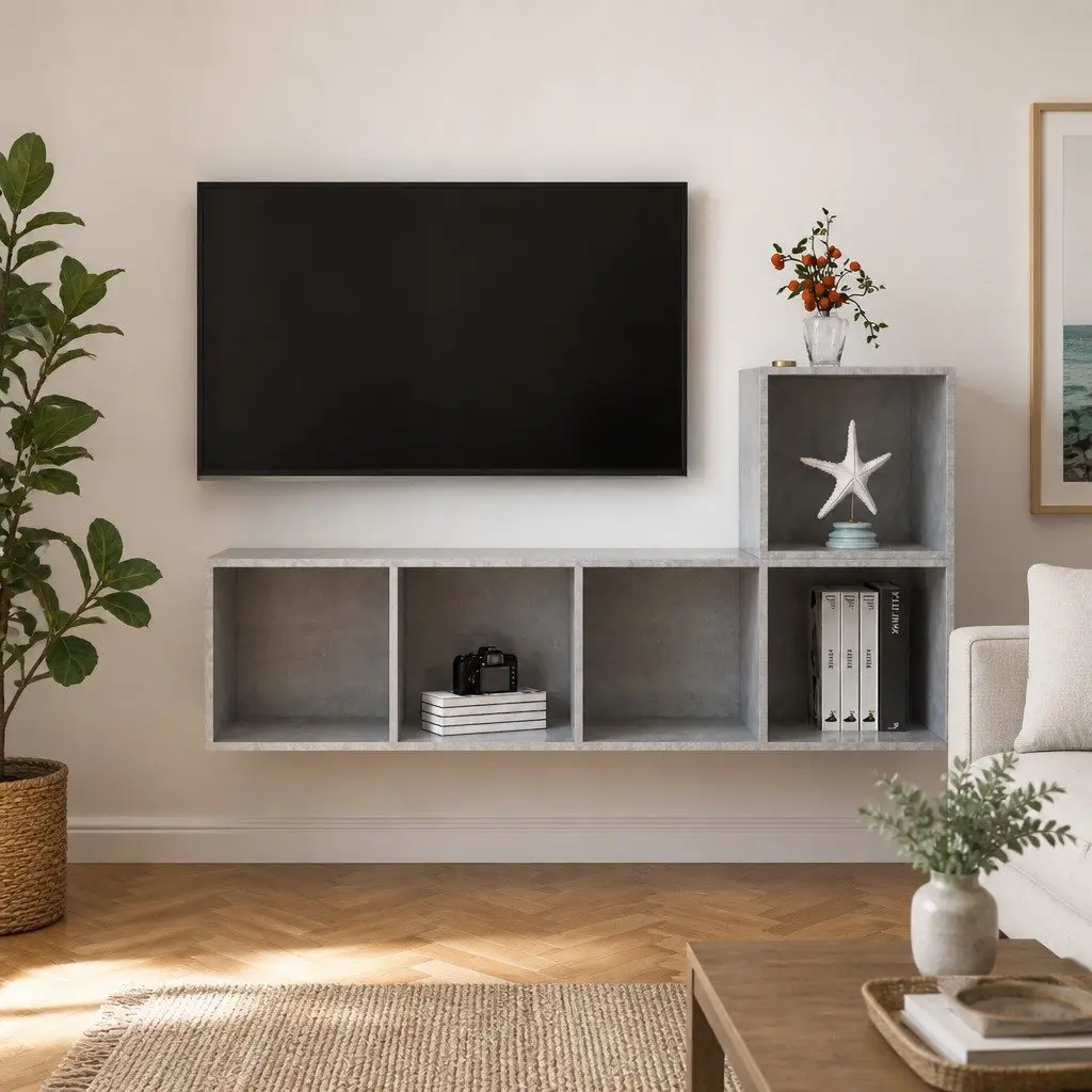 Grey Engineered Wood 2 Piece Wall Mounted TV Cabinet Set