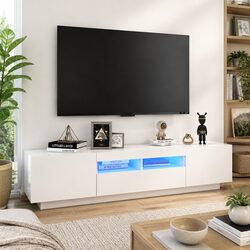 Sturdy White TV Cabinet with RGB LED Lighting 180x35x40 cm