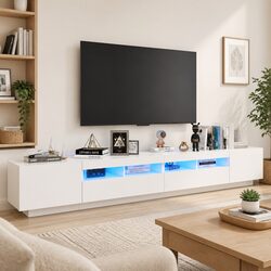 Sturdy White TV Cabinet with RGB LED Lights 260x35x40cm