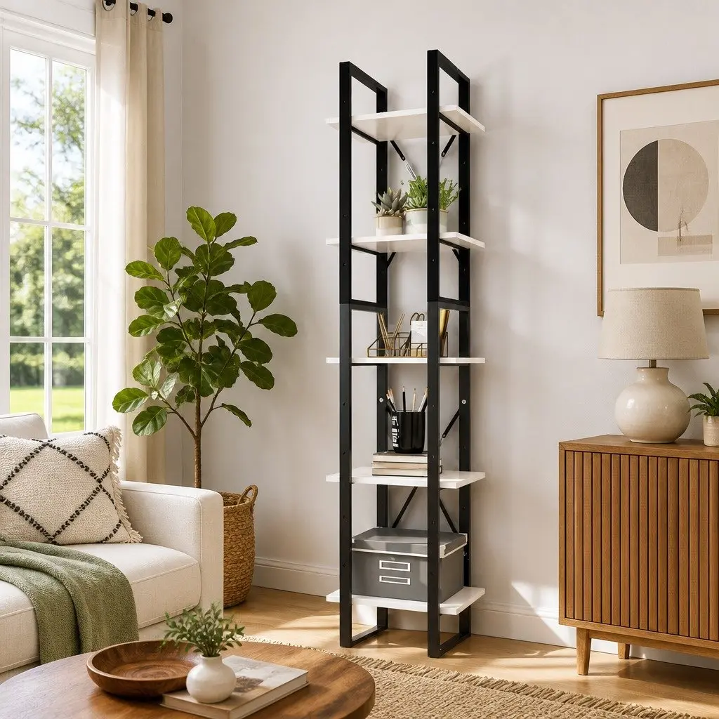 5-Tier Pinewood Book Cabinet Storage Display Unit White