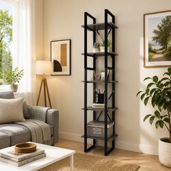 5-Shelf Grey Pinewood and Metal Frame Book Cabinet 40x30x175cm