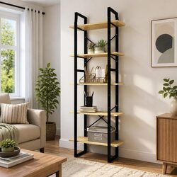5-Tier Wooden Bookcase with Metal Frame, 60x30x175 cm