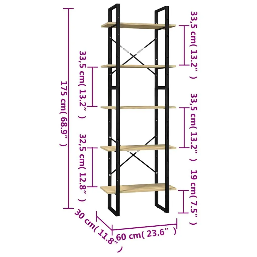5-Tier Wooden Bookcase with Metal Frame, 60x30x175 cm