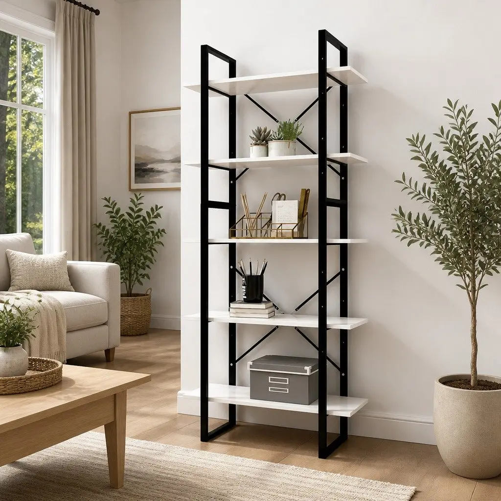 5-Tier Bookcase Pinewood Metal Frame 175 cm White