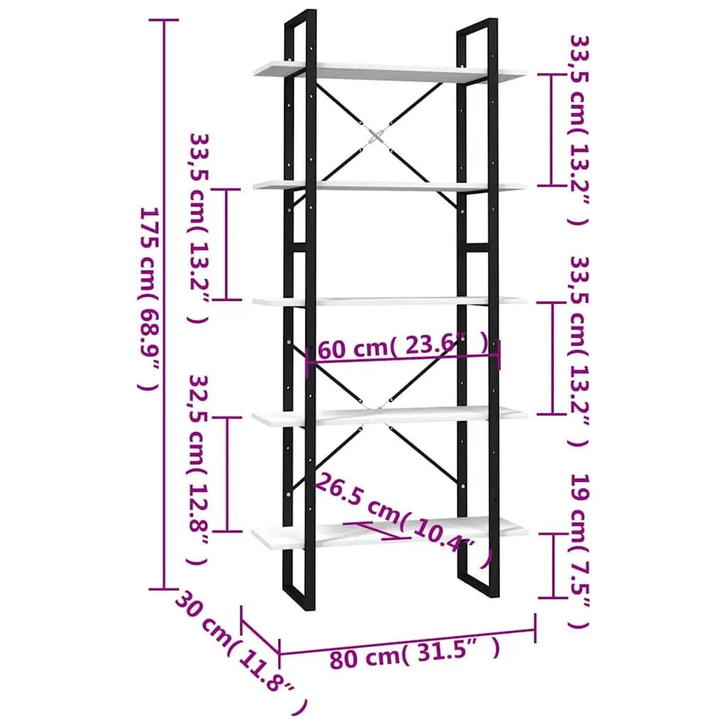 5-Tier Bookcase Pinewood Metal Frame 175 cm White