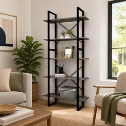 5-Tier Grey Pinewood and Metal Frame Bookshelf