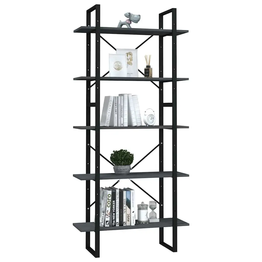 5-Tier Bookshelf Pinewood Metal Frame 80 x 30 x 175 cm Grey