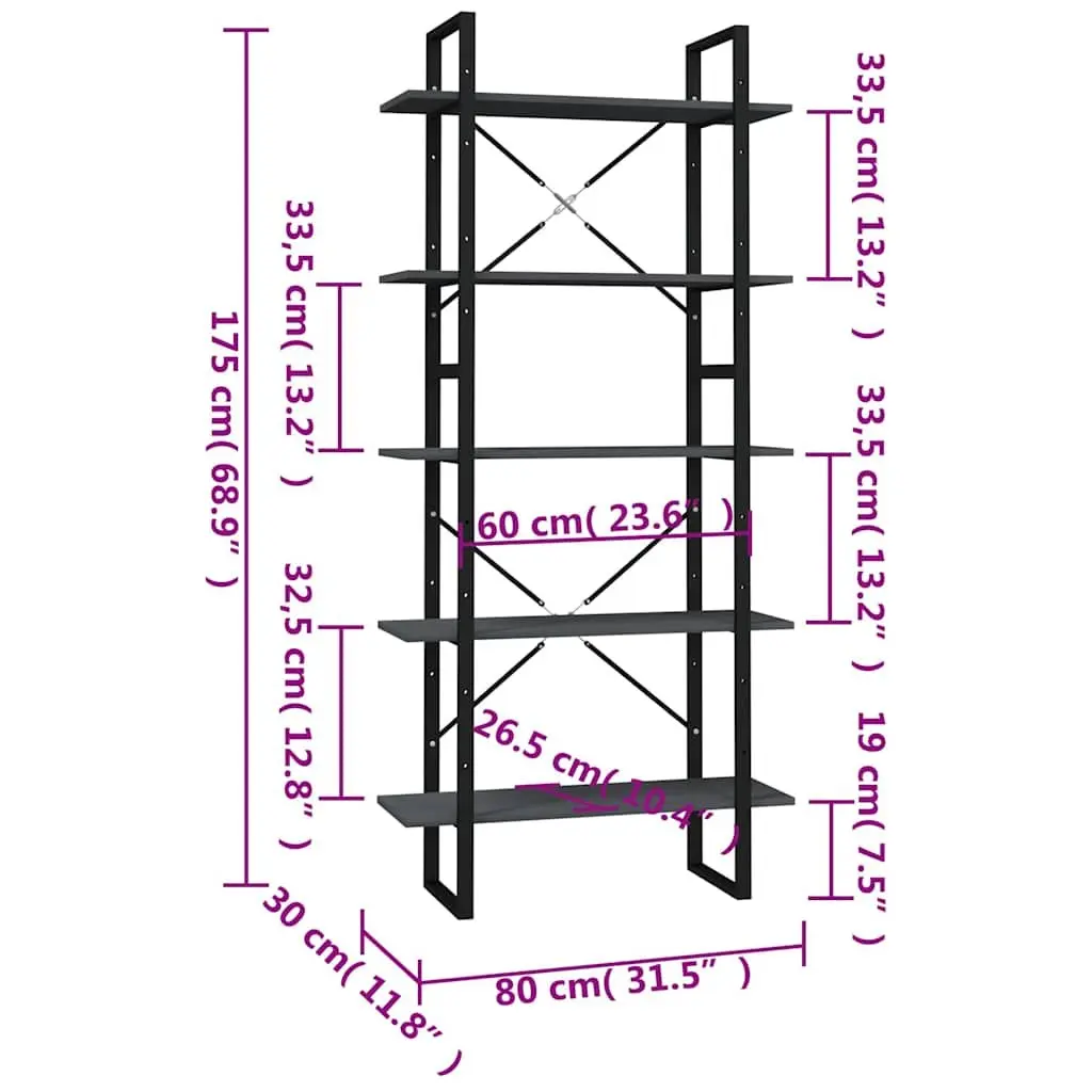 5-Tier Bookshelf Pinewood Metal Frame 80 x 30 x 175 cm Grey