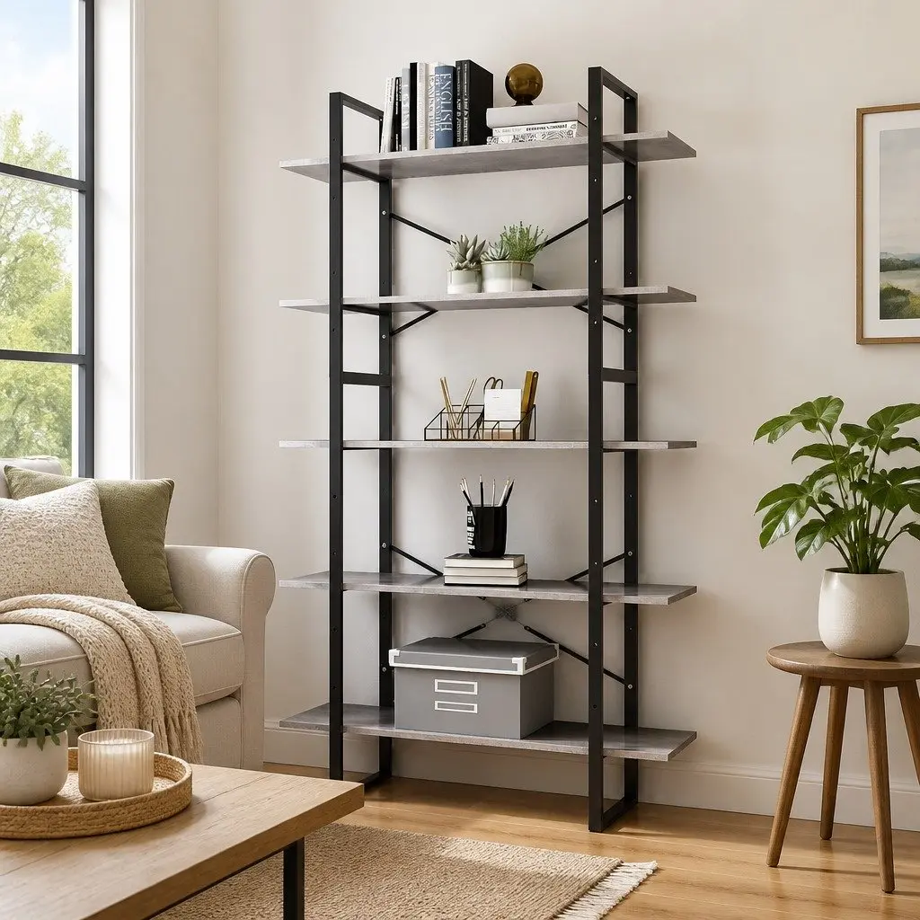 5-Tier Grey Book Cabinet with Durable Metal Frame