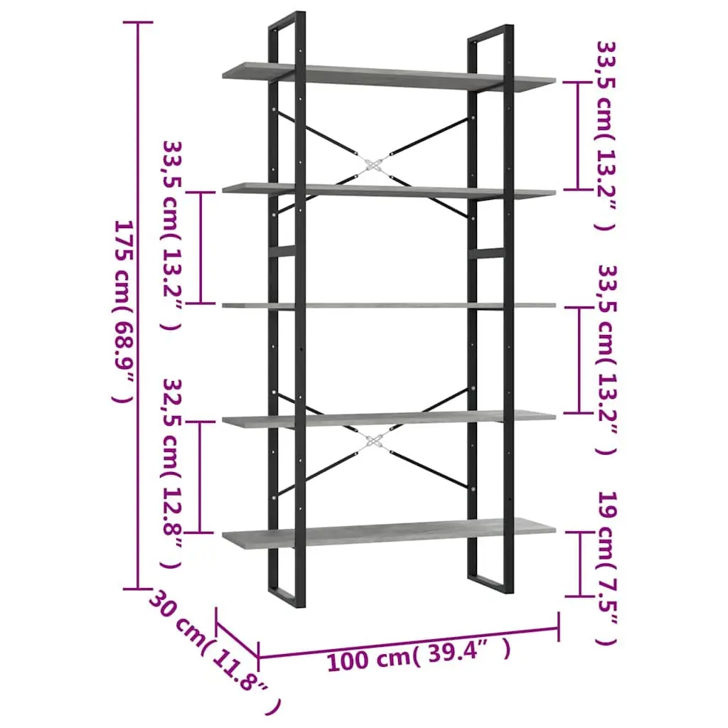 5-Tier Grey Book Cabinet with Durable Metal Frame