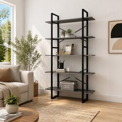 Sturdy 5-Tier Book Cabinet in Grey Pinewood and Metal Frame