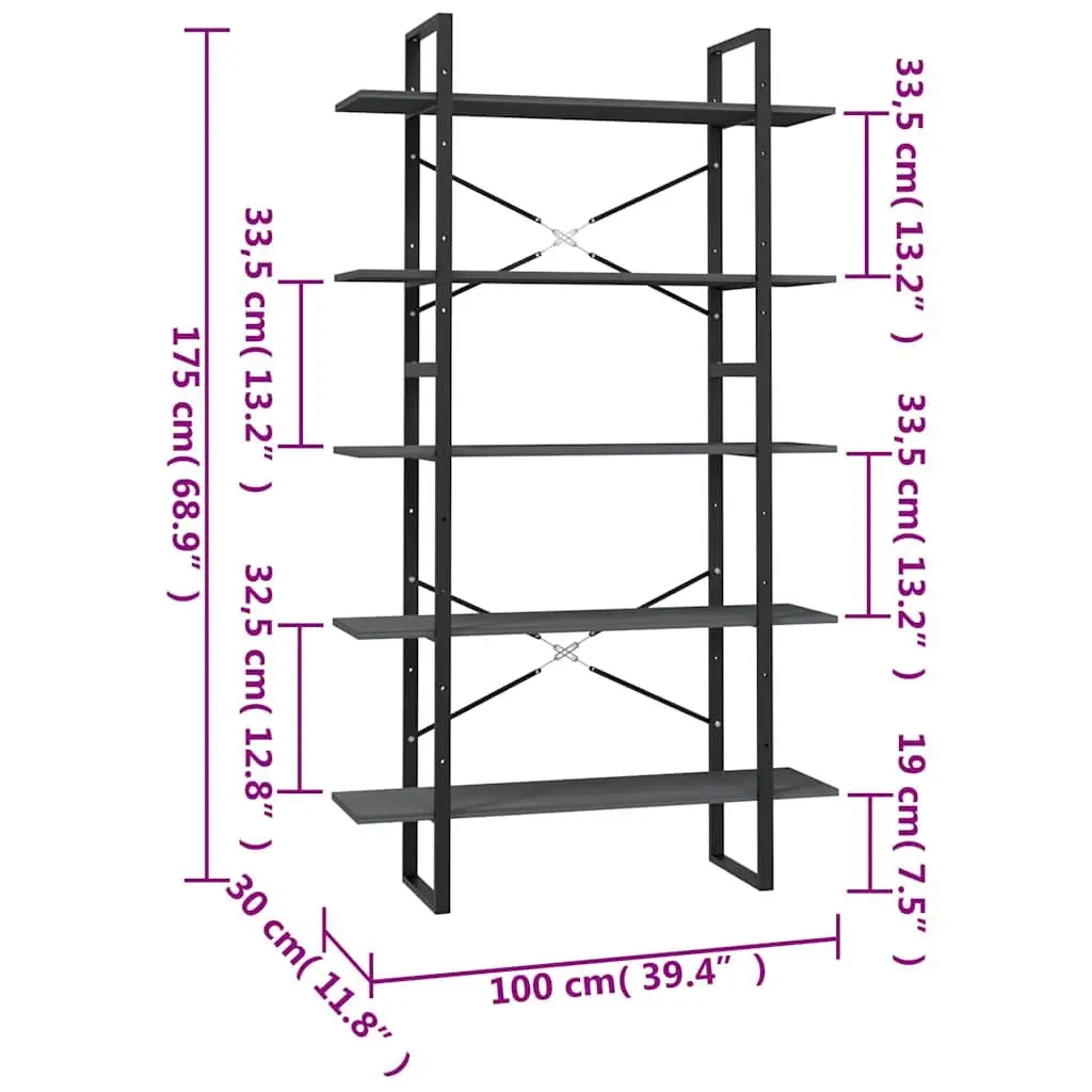 5-Tier Book Cabinet in Grey Pinewood and Metal Frame