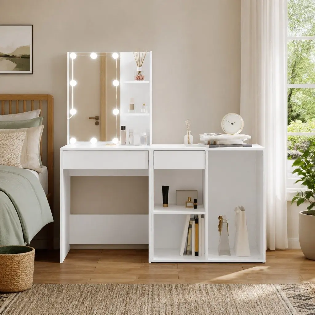 Dressing Table Engineered Wood White LED Mirror