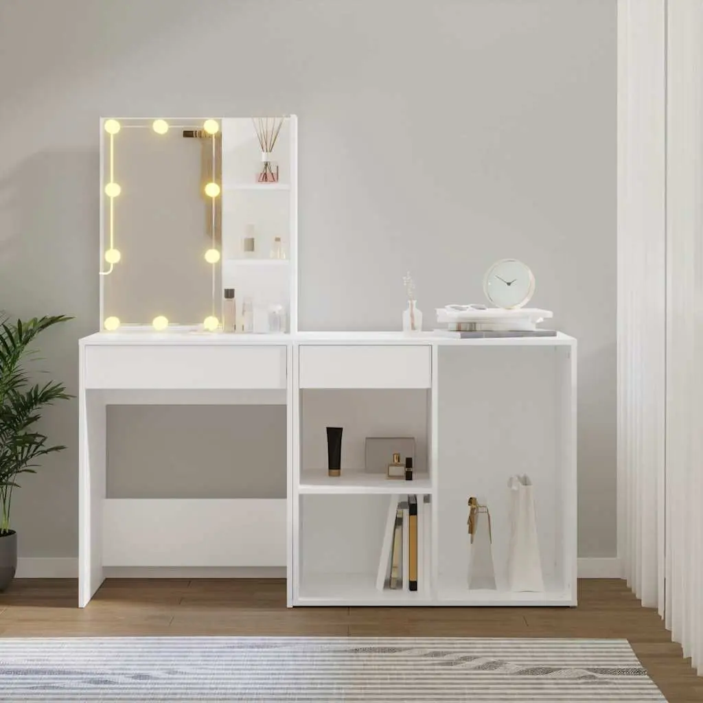 Dressing Table Engineered Wood White LED Mirror