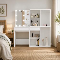 White LED Dressing Table with 2 Cabinets for Makeup