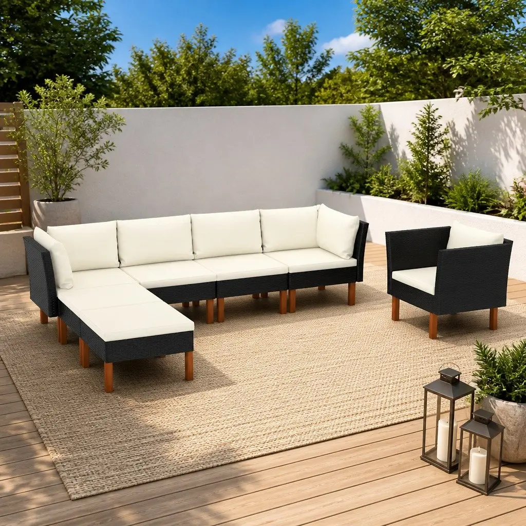 Garden Lounge Set Poly Rattan Eucalyptus Wood 7 Piece Black