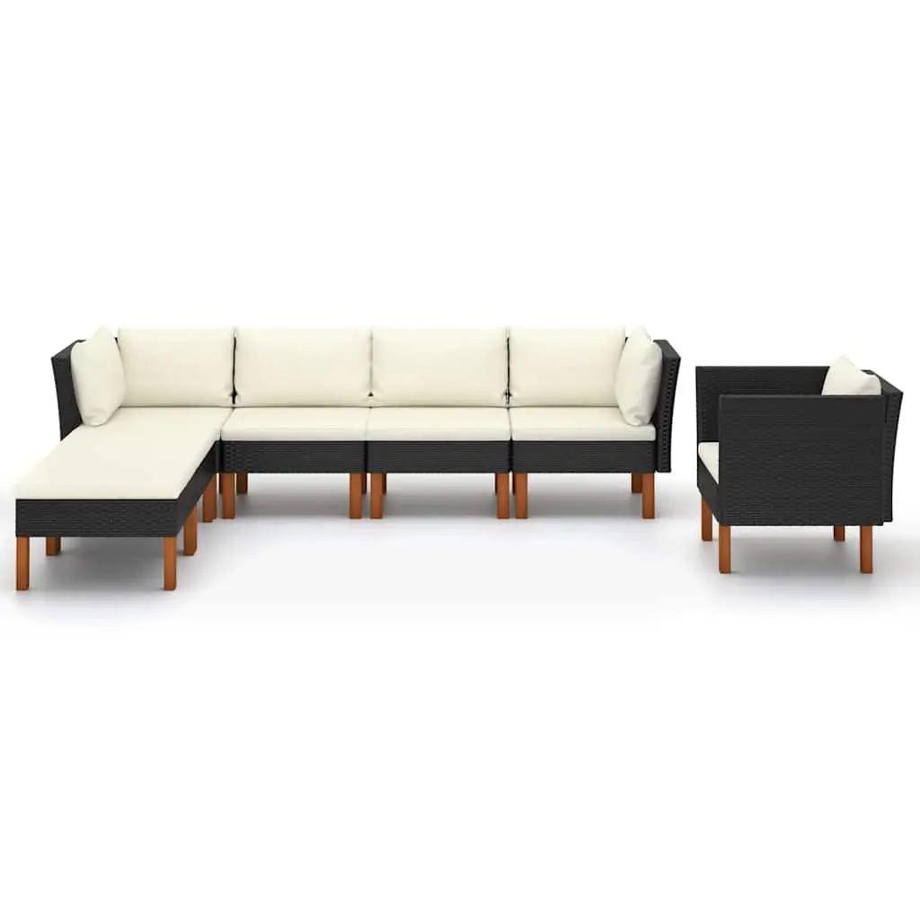 Garden Lounge Set Poly Rattan Eucalyptus Wood 7 Piece Black