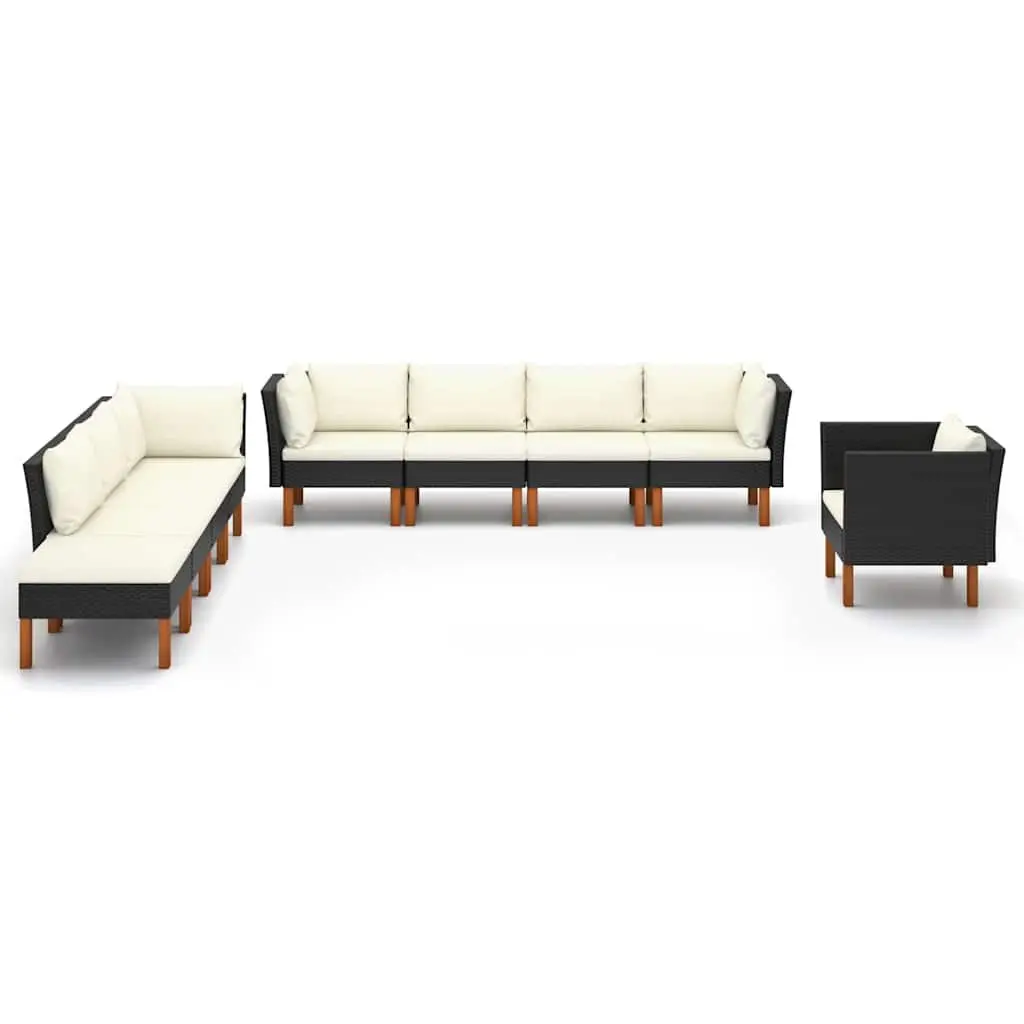 9 Piece Garden Lounge Set PE Rattan Steel Frame Eucalyptus Wood Black
