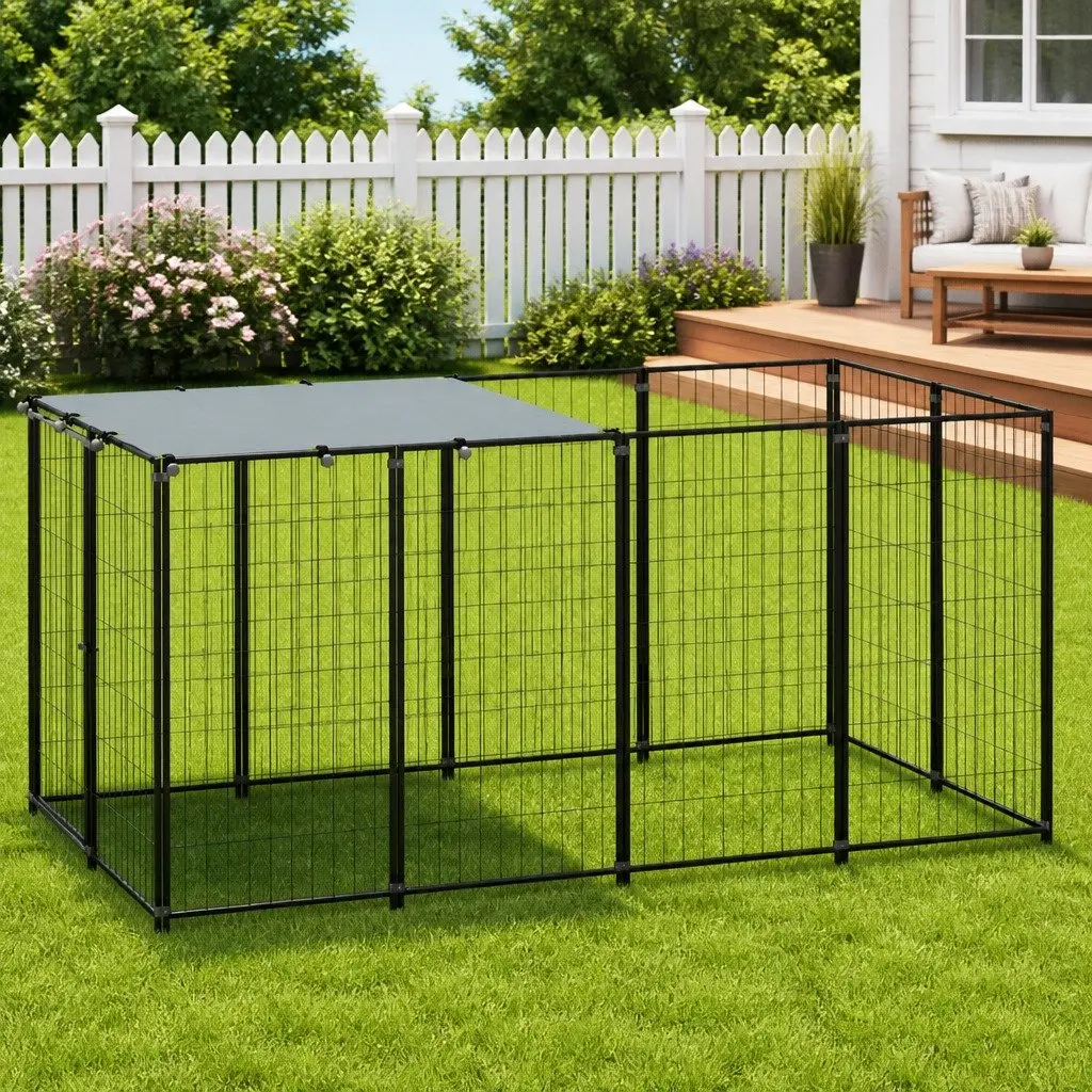 Dog Kennel Steel Outdoor Cage Enclosure Play Pen 2.42m² Black