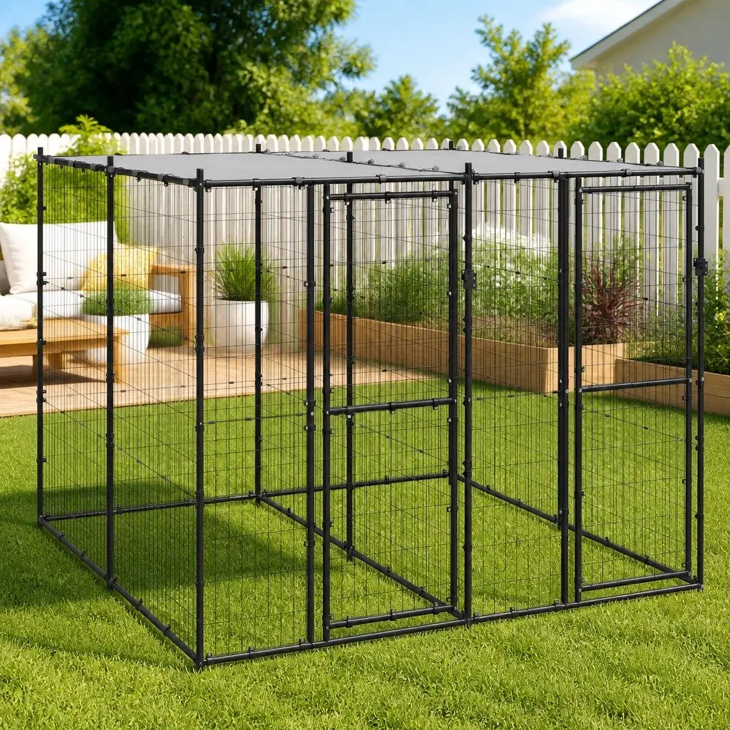 Dog Kennel Steel 4.84 m² Black with Roof Mesh Enclosure Lockable Door