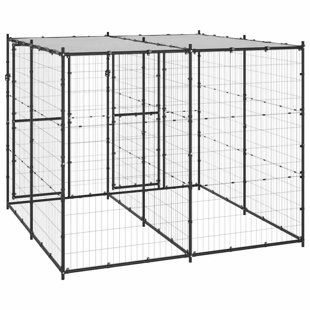 Dog Kennel Steel 4.84 m² Black with Roof Mesh Enclosure Lockable Door
