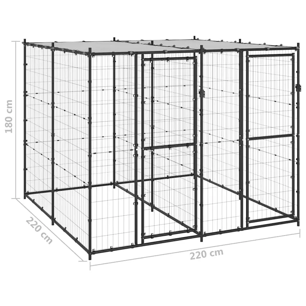 Dog Kennel Steel 4.84 m² Black with Roof Mesh Enclosure Lockable Door