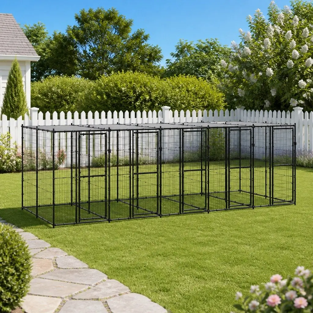 Outdoor Dog Kennel with Mesh Roof for Safe Play