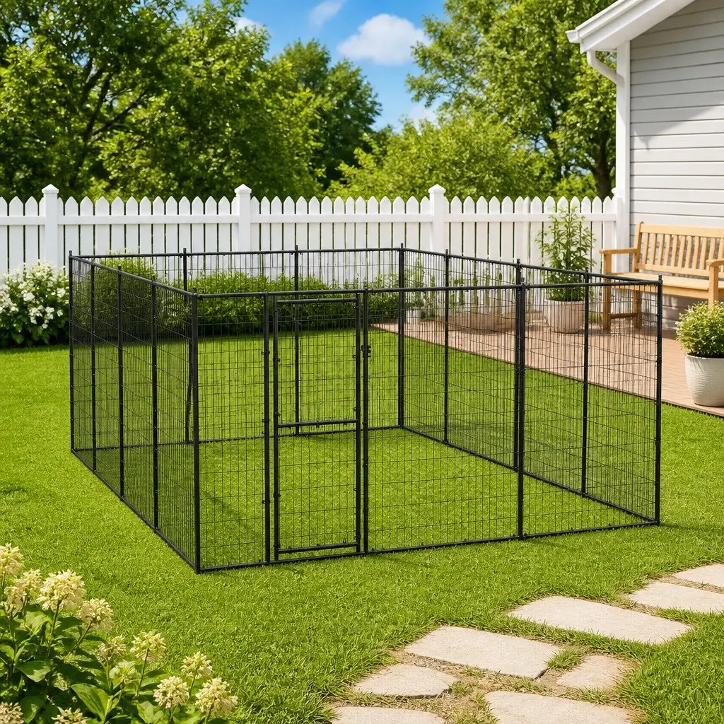 Large Black Steel Dog Kennel for Outdoor Play and Exercise