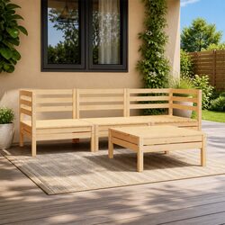 Solid Pinewood 4-Piece Garden Lounge Set in Brown