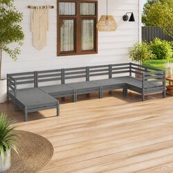 7 Piece Grey Pinewood Garden Lounge Set for Outdoor Use