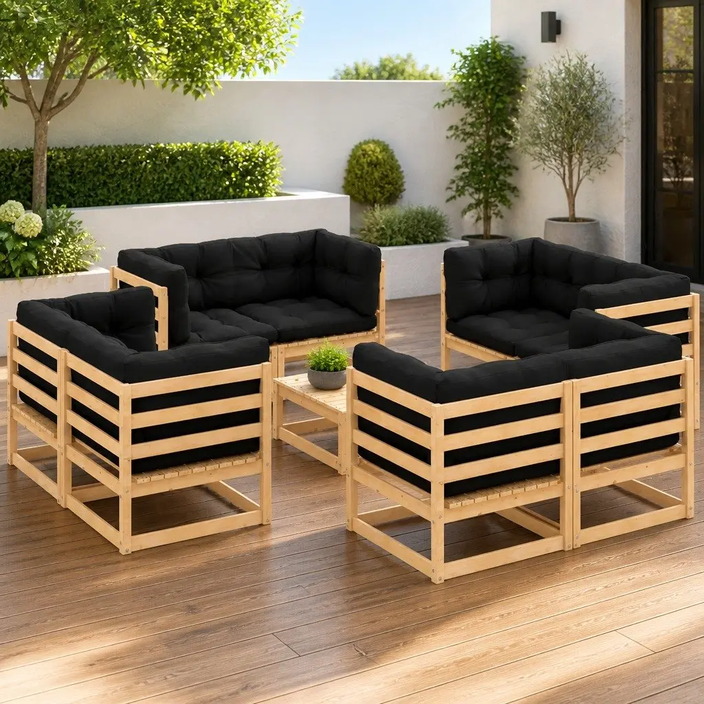 Solid Pinewood 9 Piece Garden Lounge Set with Cushions