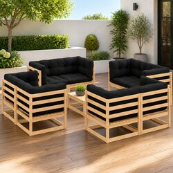 Solid Pinewood 9 Piece Garden Lounge Set with Cushions