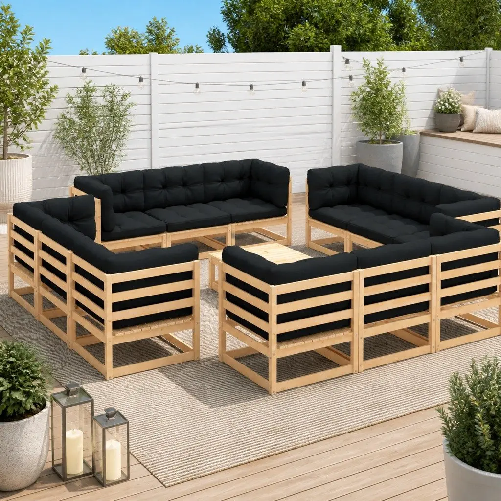Solid Pinewood 13 Piece Garden Lounge Set with Cushions