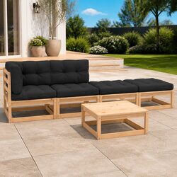 Solid Pinewood 5-Piece Garden Lounge Set with Cushions