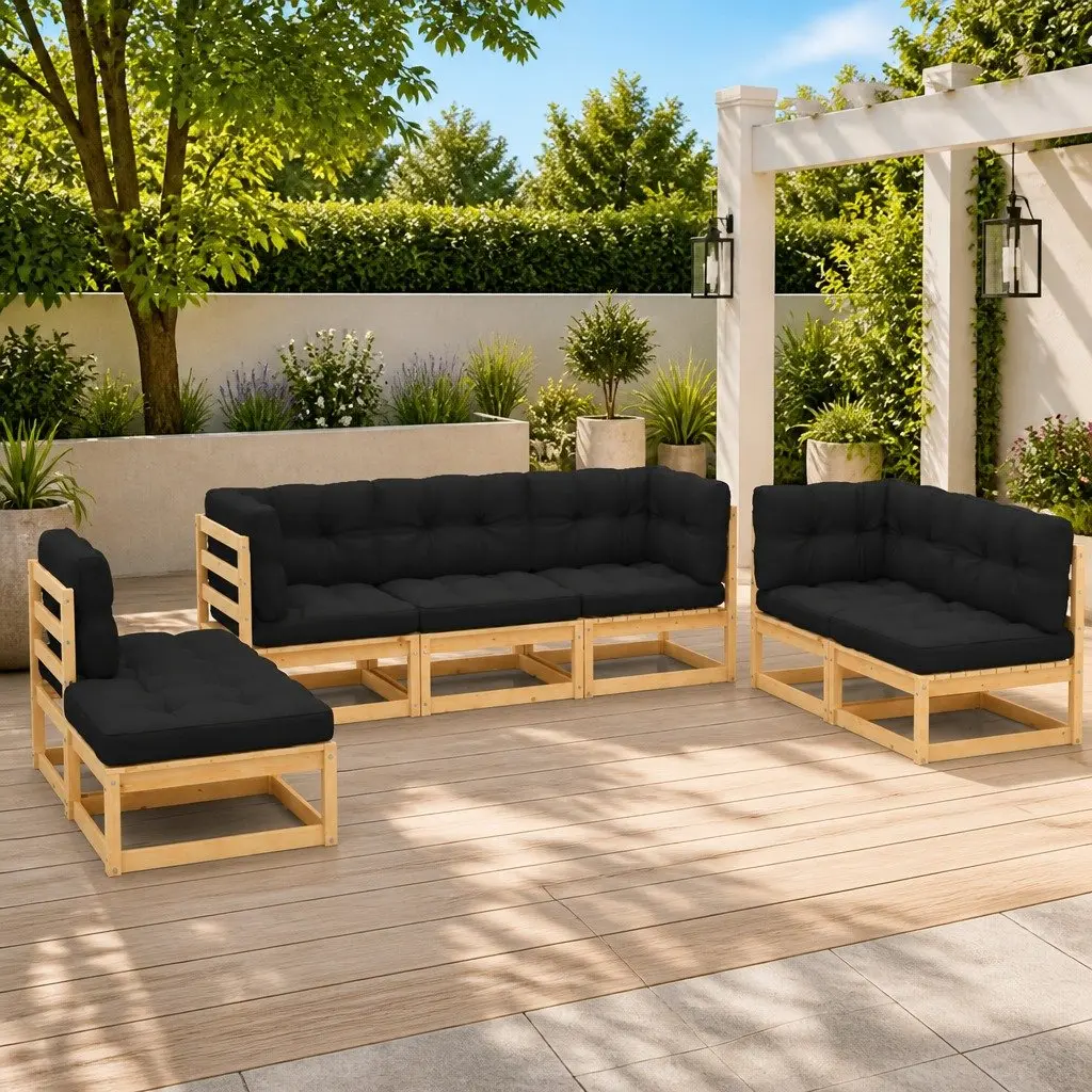 Solid Pinewood 7 Piece Garden Lounge Set with Cushions