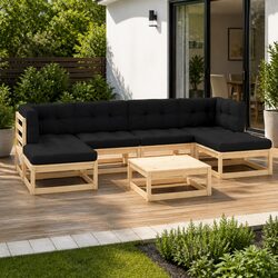 7-Piece Pinewood Garden Lounge Set with Anthracite Cushions