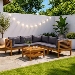 Stylish Acacia Wood 6 Piece Modular Sofa and Coffee Table Set