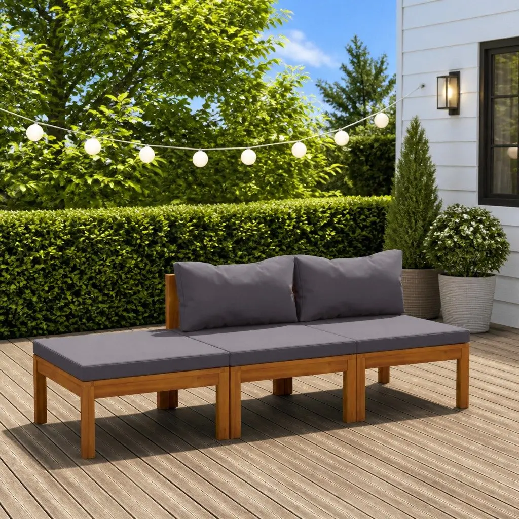 3 Piece Garden Lounge Set Solid Acacia Wood Grey with Cushion Slatted Coffee Table