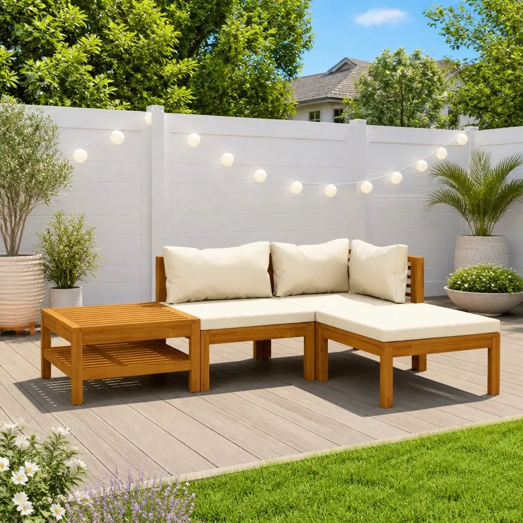 4 Piece Lounge Set Acacia Wood Cream Cushions Outdoor Patio Coffee Table