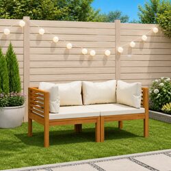 Solid Acacia Wood 2-Seater Garden Sofa with Cream Cushions