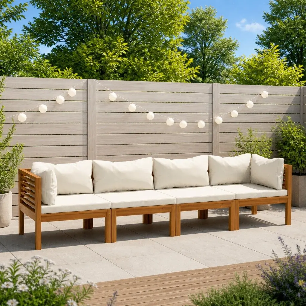 4-Seater Sofa Set Acacia Wood Cream Cushions Outdoor Lounge Furniture