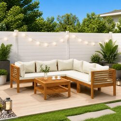 Outdoor 6-Piece Lounge Set with Acacia Wood and Cream Cushions