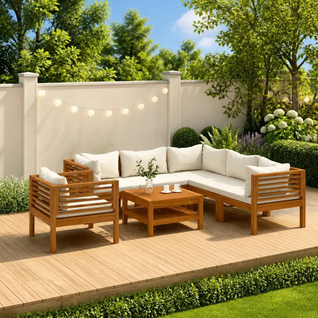 7 Piece Garden Lounge Set Acacia Wood Frame Modular Sofa Cream Cushions